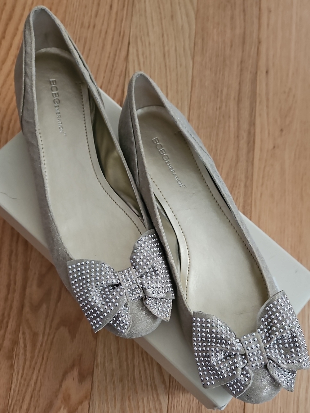 BCBGMaxAzria Taupe Suede Ballet Flats with Crystal Bow